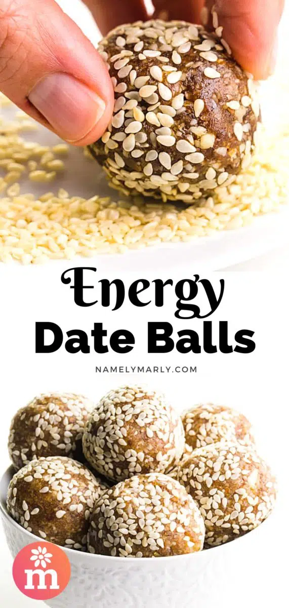 A collage of two images shows a hand rolling a date ball in sesame seeds on top. The bottom image shows several date balls in a bowl. The text between the images reads Energy Date Balls.