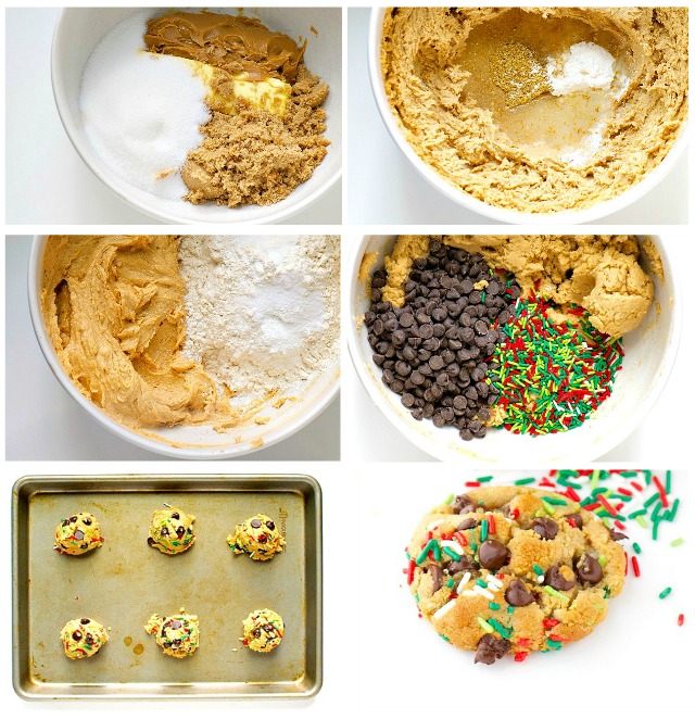 A collage of photos shows the process for making chocolate chip Christmas cookies.