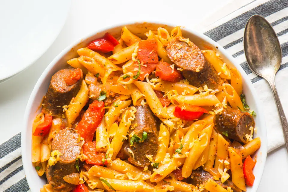 A bowl of Easy Vegan Penne Pasta and Sausage