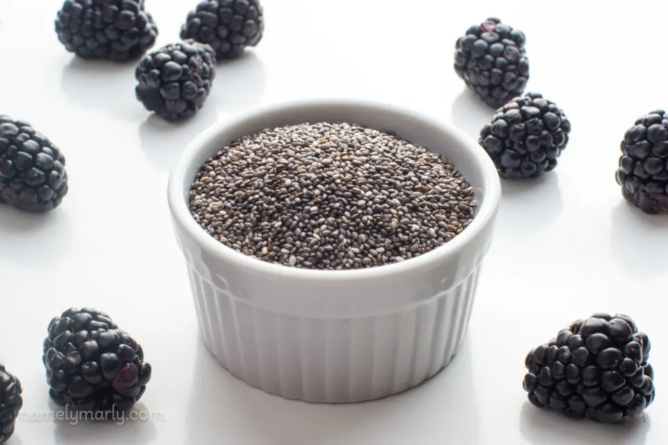 A bowl of chia seeds is surrounded by fresh blackberries.