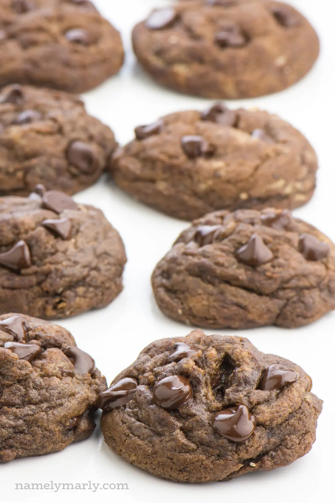 Eight chocolate chocolate chip cookies are lined in rows of four on a white countertop.