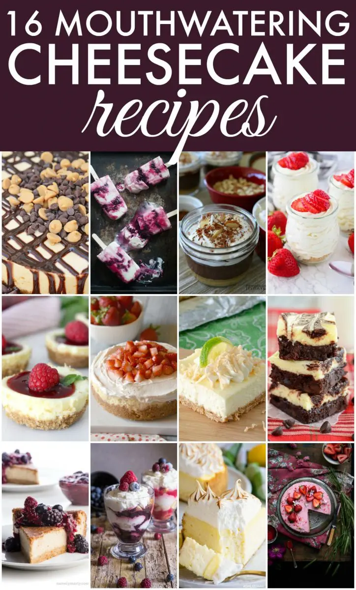 A collage of cheesecake photos with the words: Mouthwatering Cheesecake Recipes.