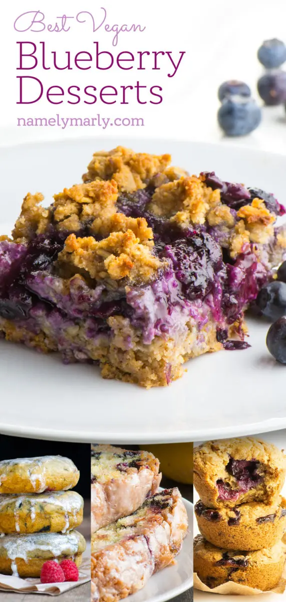 A collage of photos featuring blueberry desserts, has the text Best Vegan Blueberry Recipes for Dessert.