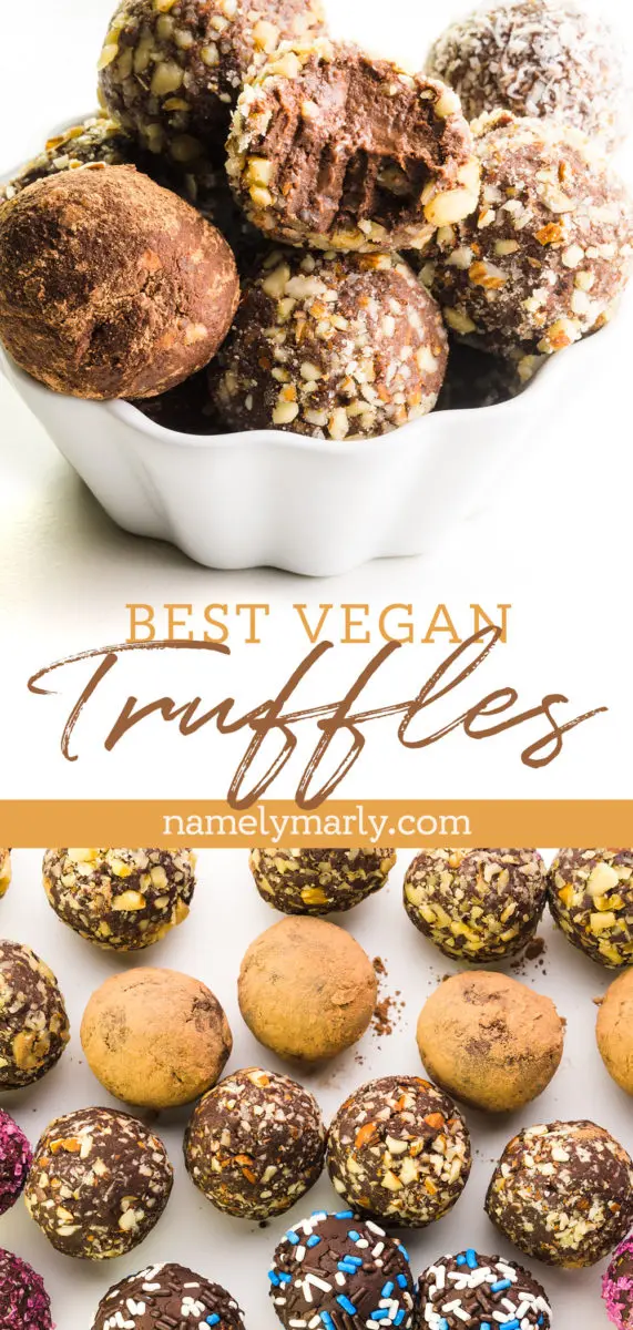 A collage of two images shows truffles with different toppings. The text in the middle says Vegan Truffles.