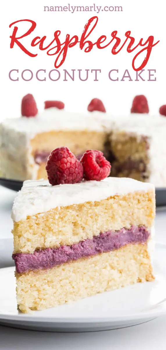 A slice of cake sits on a plate with the rest of the cake behind it. The text above it reads: Raspberry Coconut Cake.
