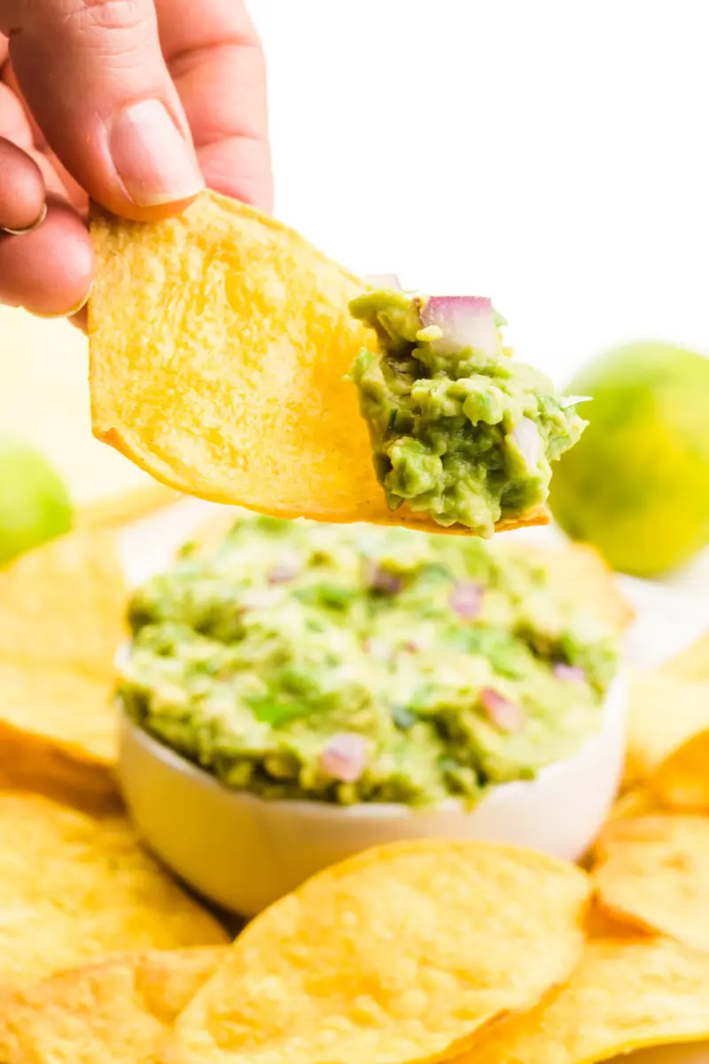 A hand holds a tortilla chip with guacamole on it. There is a bowl with guacamole and more chips behind it.