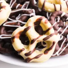 A plate of vegan chocolate covered pretzels.