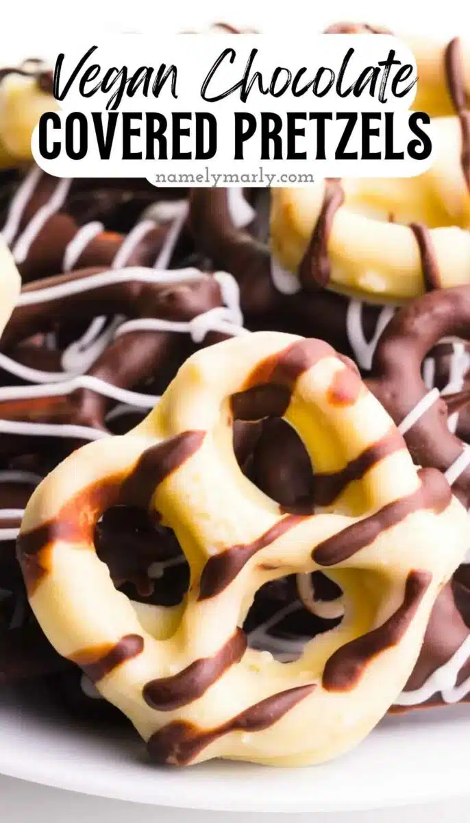 Chocolate-covered pretzels sit on a plate. The text reads, Vegan Chocolate Covered Pretzels.