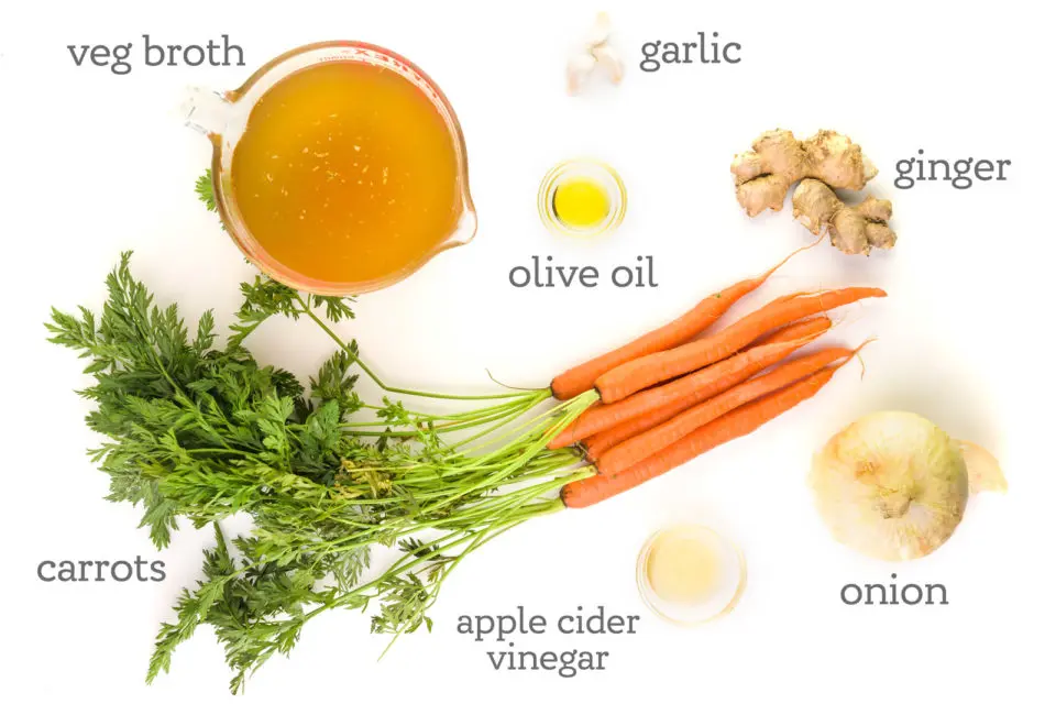 Ingredients are on a table. The labels next to them read, "Veg broth, garlic, ginger, olive oil, onion, vinegar, and carrots."