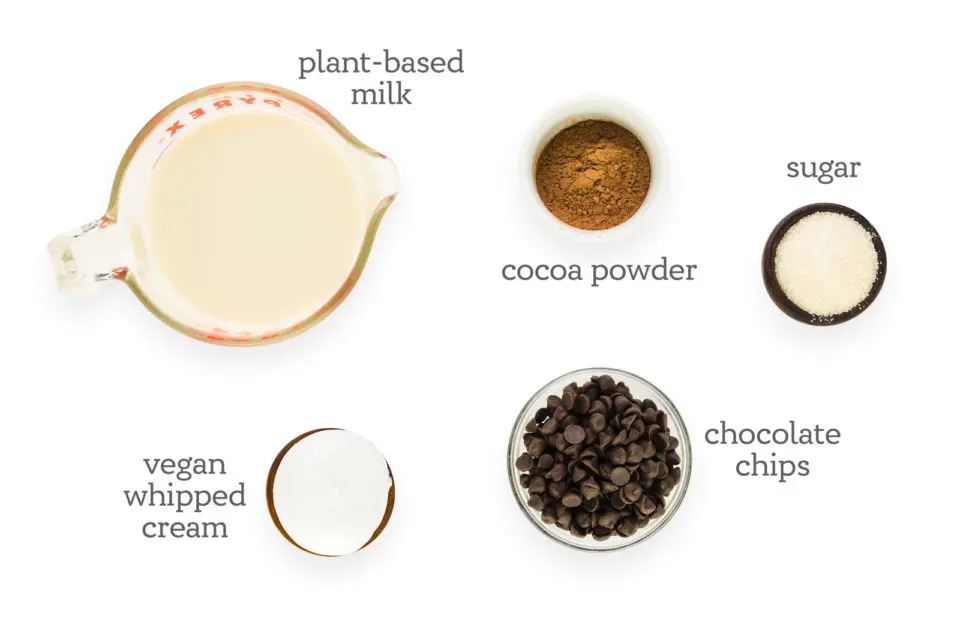 Ingredients for making hot cocoa sit on a counter. The labels read, "plant-based milk, cocoa powder, sugar, chocolate chips, and vegan whipped cream."