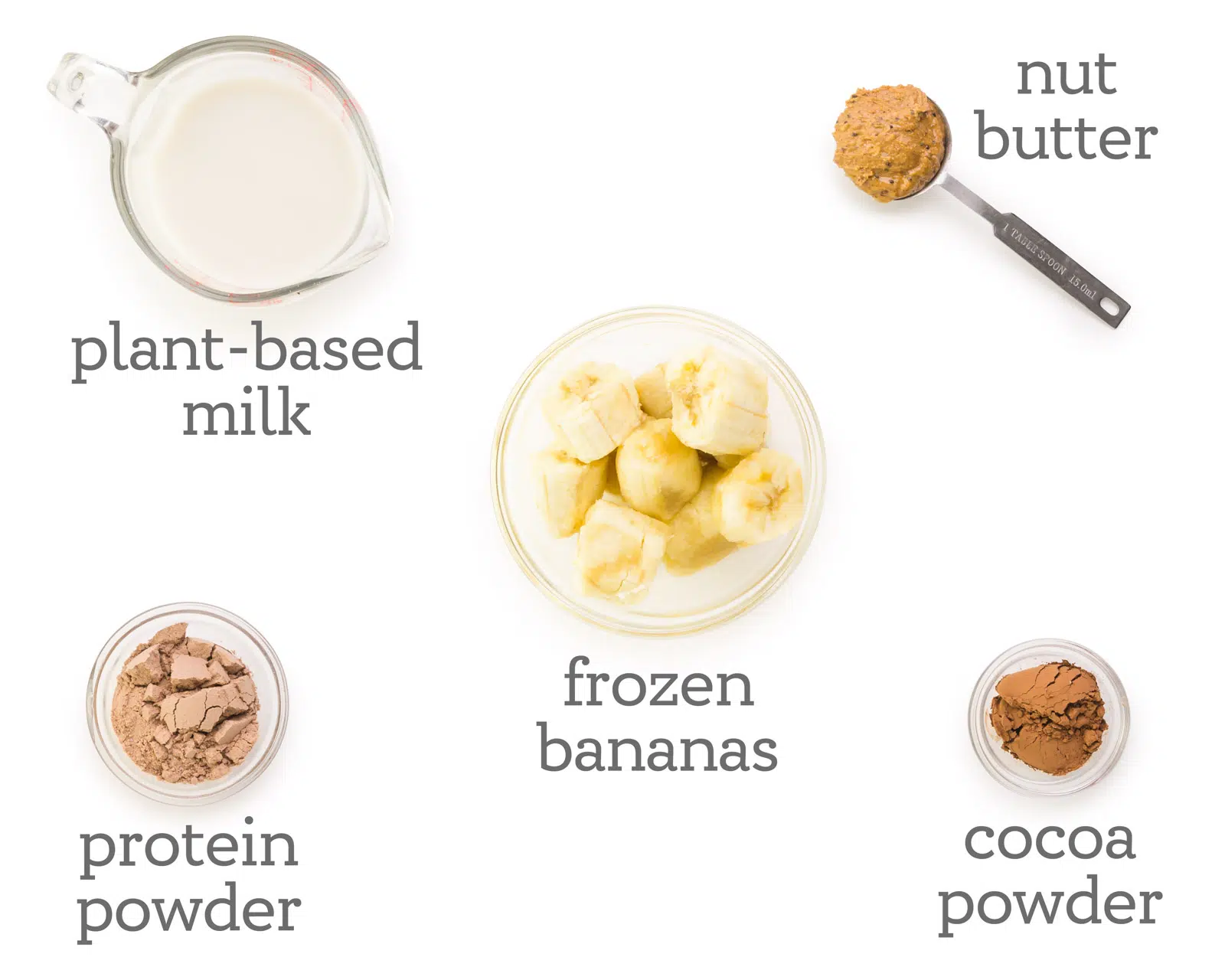Ingredients are laid out on a table. The labels next to them read, nut butter, cocoa powder, frozen bananas, protein powder, and plant-based milk.