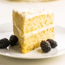 A slice of two-layer vegan vanilla cake with blackberries sitting next to it