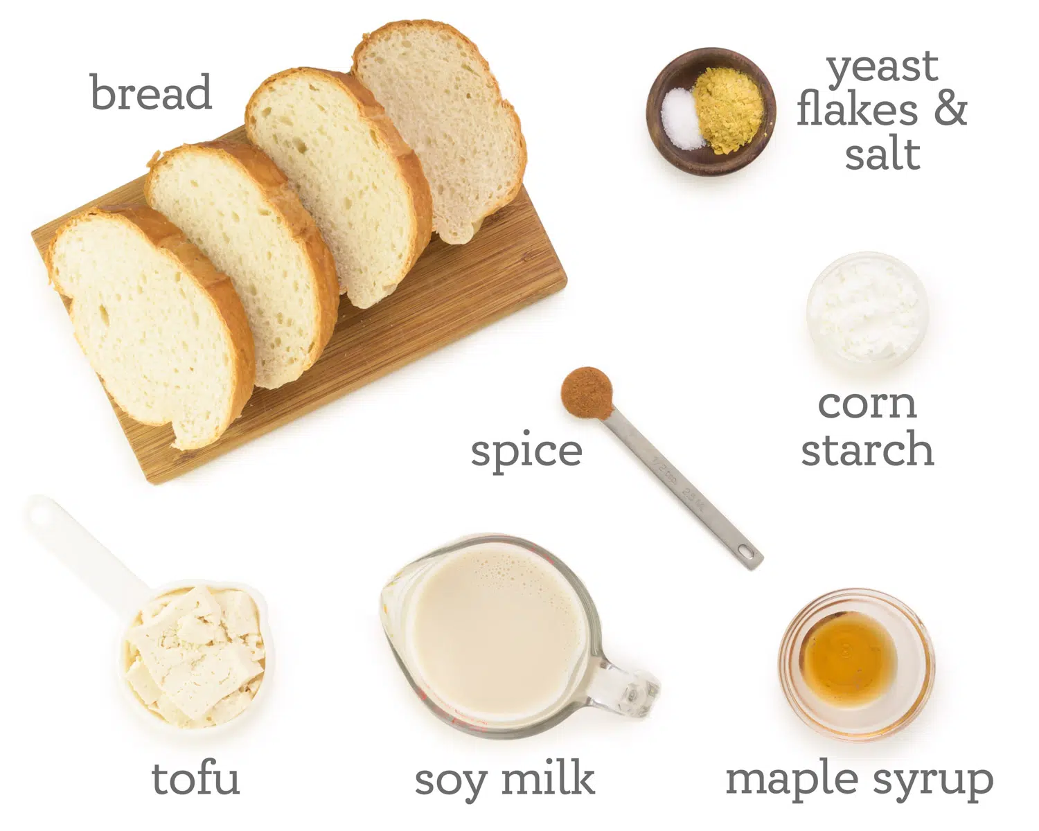 Ingredients are laid out on a white table. The labels next to them read, yeast flakes & salt, corn starch, maple syrup, spice, soy milk, tofu, and bread.