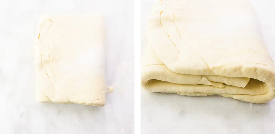 A collage of two images shows pastry dough folded over itself on the left. The image on the right shows a closeup of the dough folded over itself.