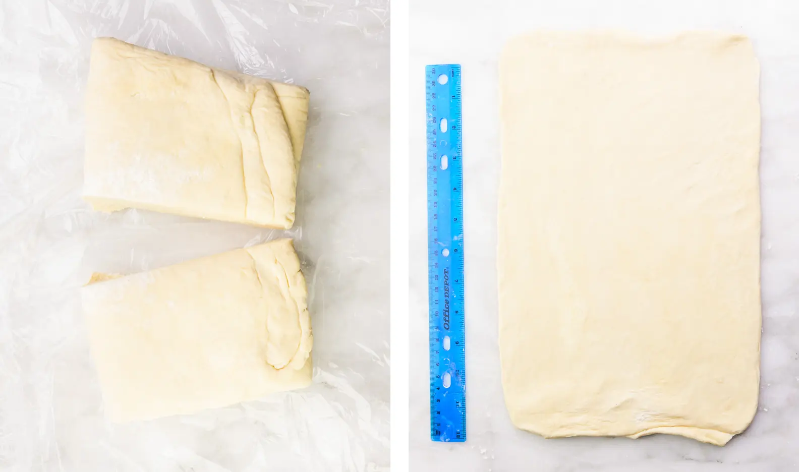 A collage of two images shows a rectangle of dough cut in half on the left. On the right dough has been rolled out into a rectangle alongside a blue ruler.