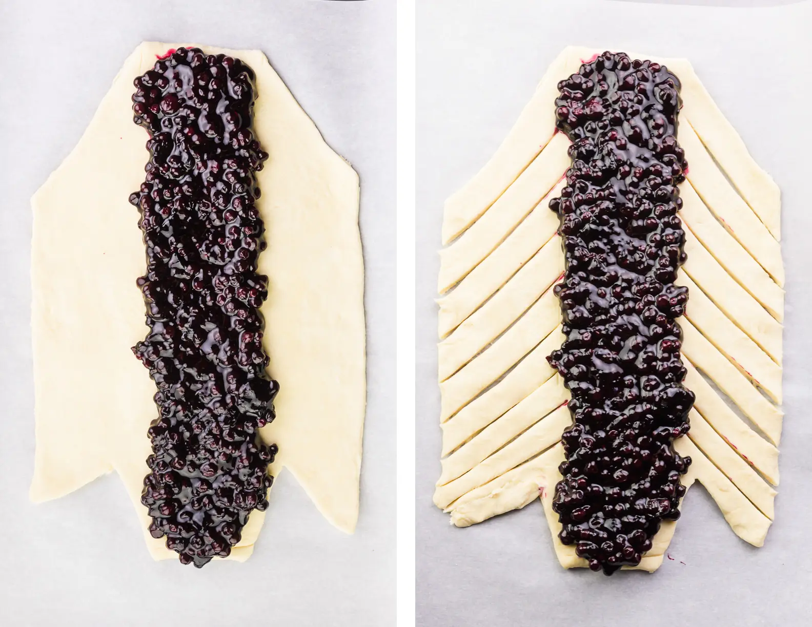 A collage of two images shows the dough cut with a thin strip of blueberry filling down the center on the left. The image on the right shows the same dough and filling, except thin strips have been cut out of the dough.