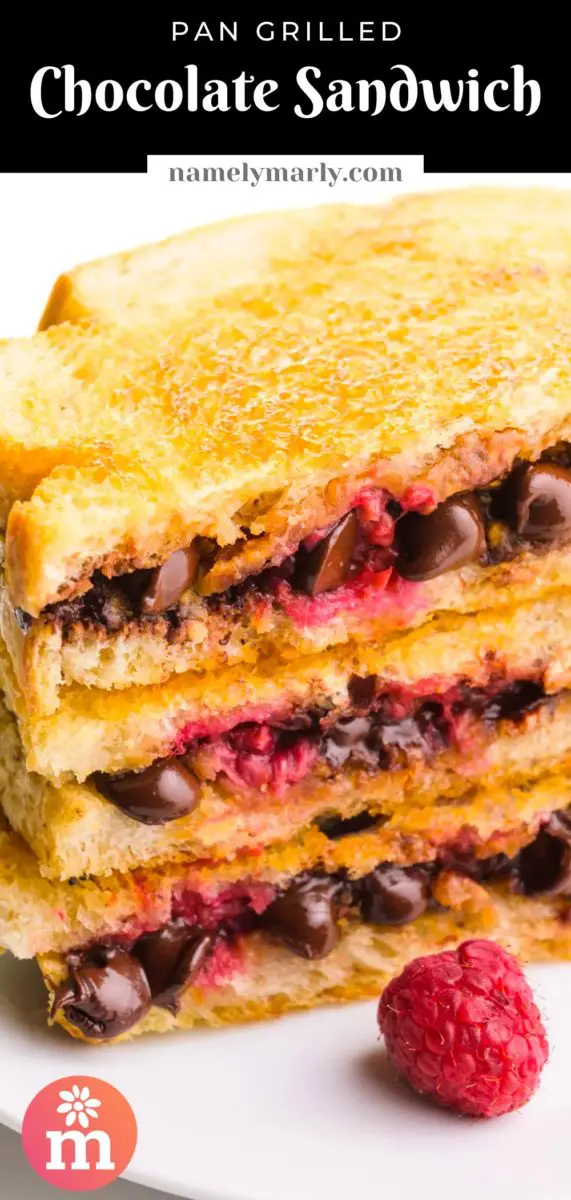 A stack of three chocolate grilled sandwiches shows melted chocolate and raspberries. There's a fresh raspberry in front of the stack. The text above it reads Pan Grilled Chocolate Sandwich.