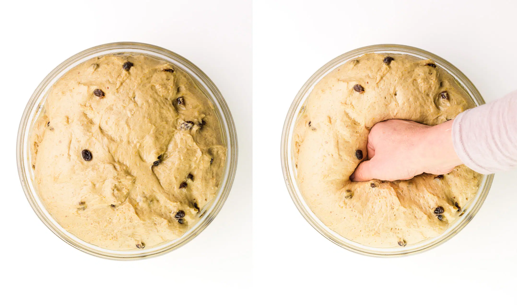 A collage of two images shows raised dough with raisins and a hand punching the dough down on the right.