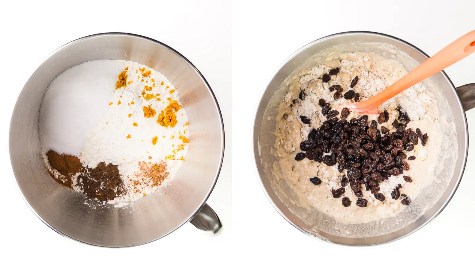 A collage of two images shows a bowl with flour and other ingredients on the left and dough with raisins and an orange spatula on the right.