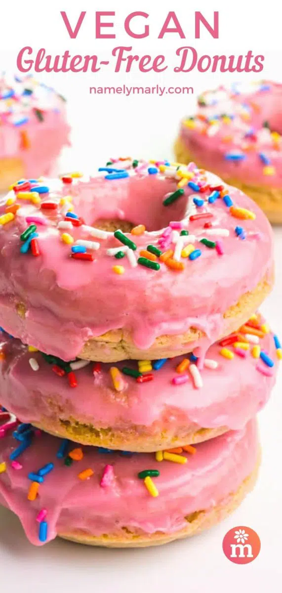 A stack of pink donuts with sprinkles has text at the top that reads, Vegan Gluten Free Donuts.