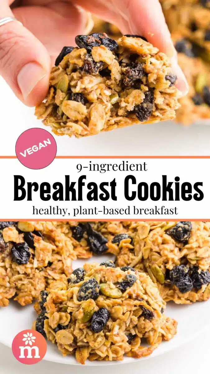 A hand holds a cookie with a bite taken out on top. The bottom image shows more cookies on a plate. The text reads 9-ingredient Breakfast Cookies: Healthy, plant-based breakfast.