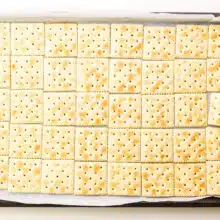 A hand places a cracker in a baking sheet lined with crackers.