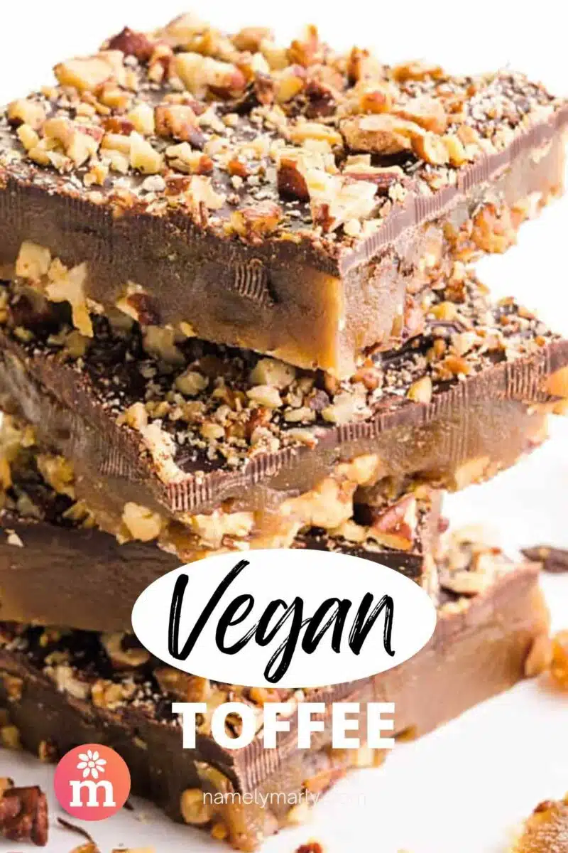 A stack of toffee bars sits on a white table. The text reads, Vegan Toffee.