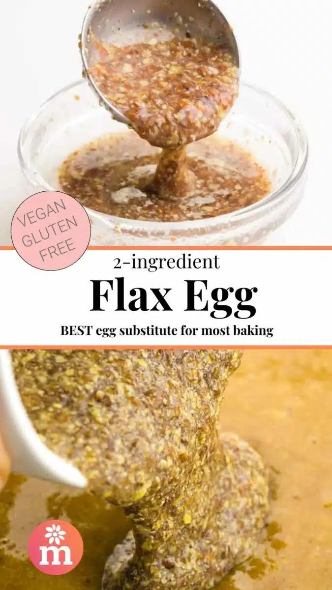 The top image shows a spoon with flax liquid. The bottom shows a flax egg bean poured into batter. The text reads, 2-Ingredient Flax Egg: Best egg substitute for most baking.