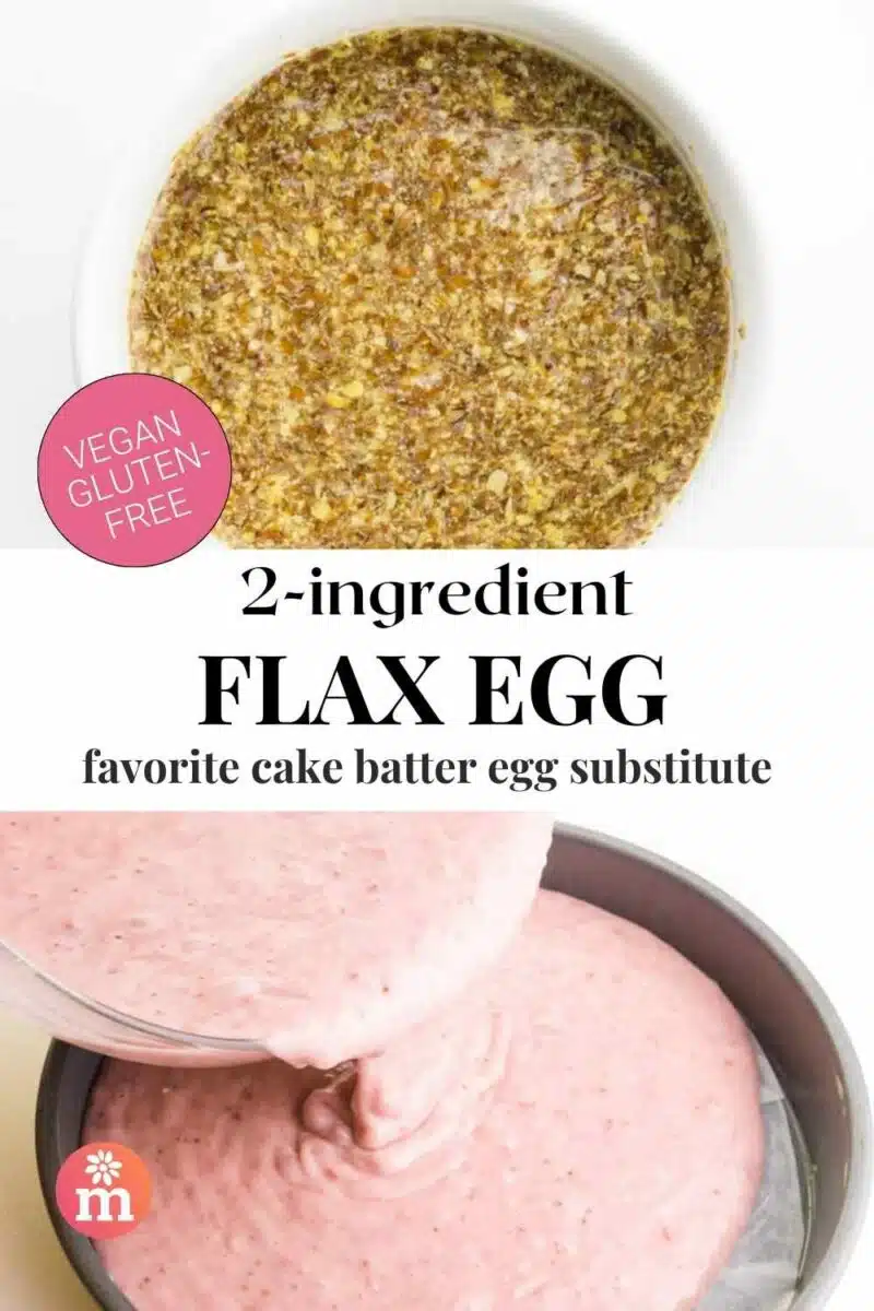 The top image looks down on a bowl of flax liquid the bottom shows pink cake batter pouring into a pan. The text reads, 2-ingredient flax egg: favorite cake batter egg substitute.