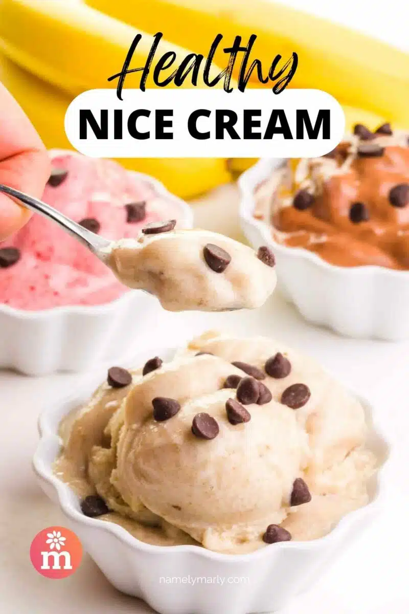 A spoonful of ice cream hovers over a bowl with more of it. There are different flavors of ice cream in the background along with bananas. The text reads, Healthy Nice Cream.