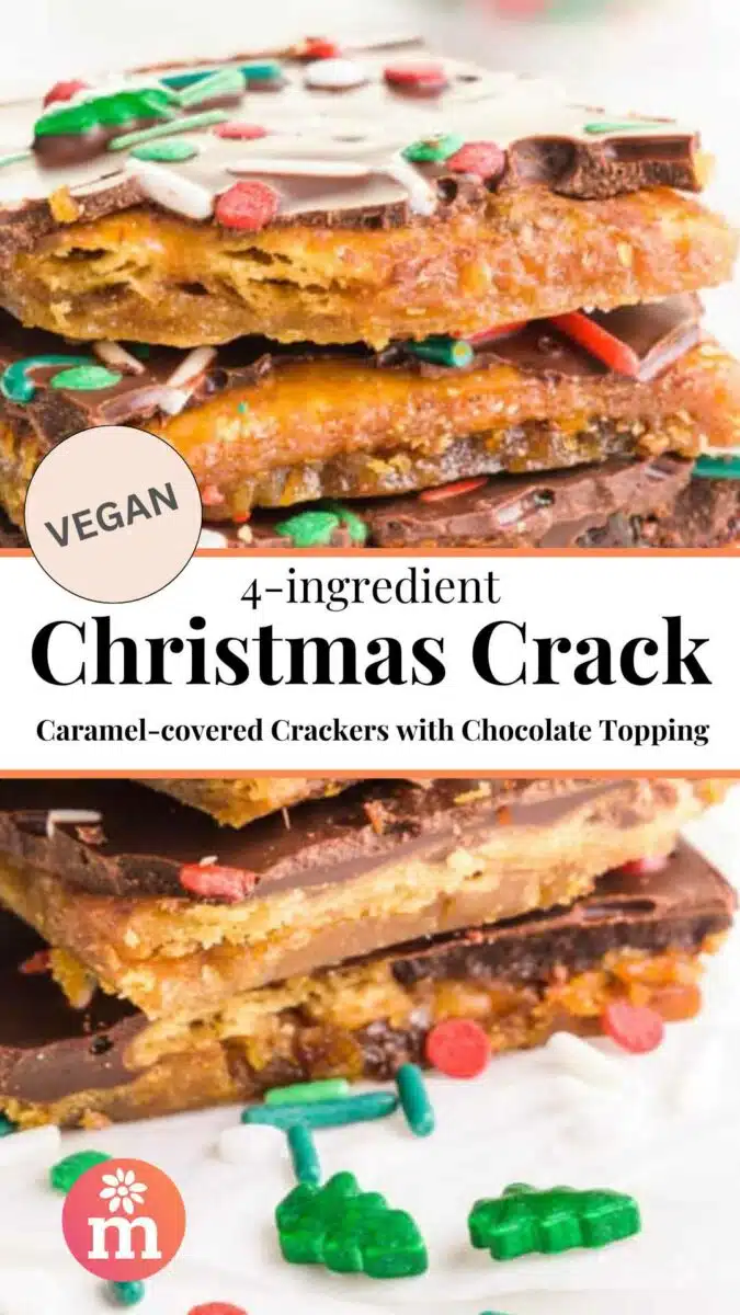 A stack of caramel toffee bars has this text on it: 4-ingredient Vegan Christmas Crack.