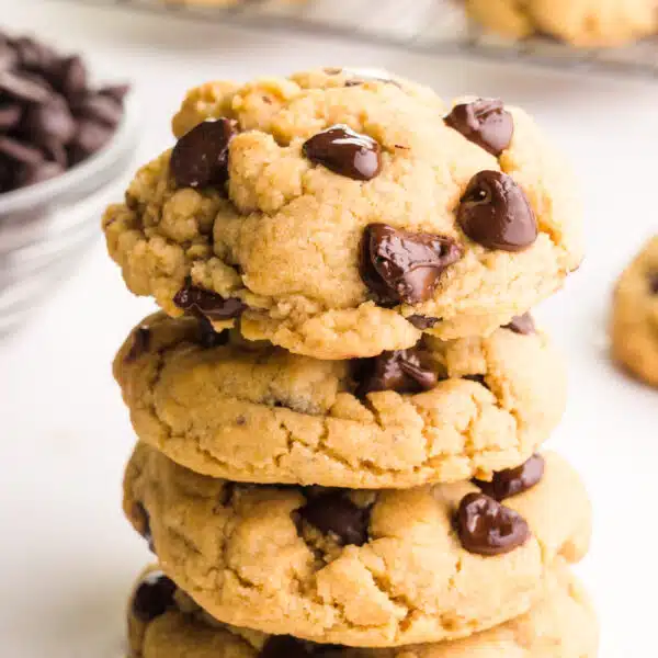 A stack of chocolate chip cookies beside a bowl of chocolate chips.