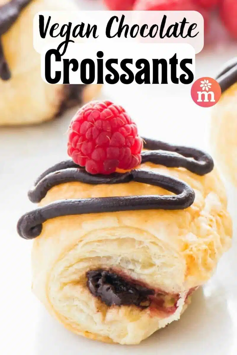 A closeup of a chocolate croissant with chocolate glaze and a raspberry on top. The text reads, Vegan Chocolate Croissants.