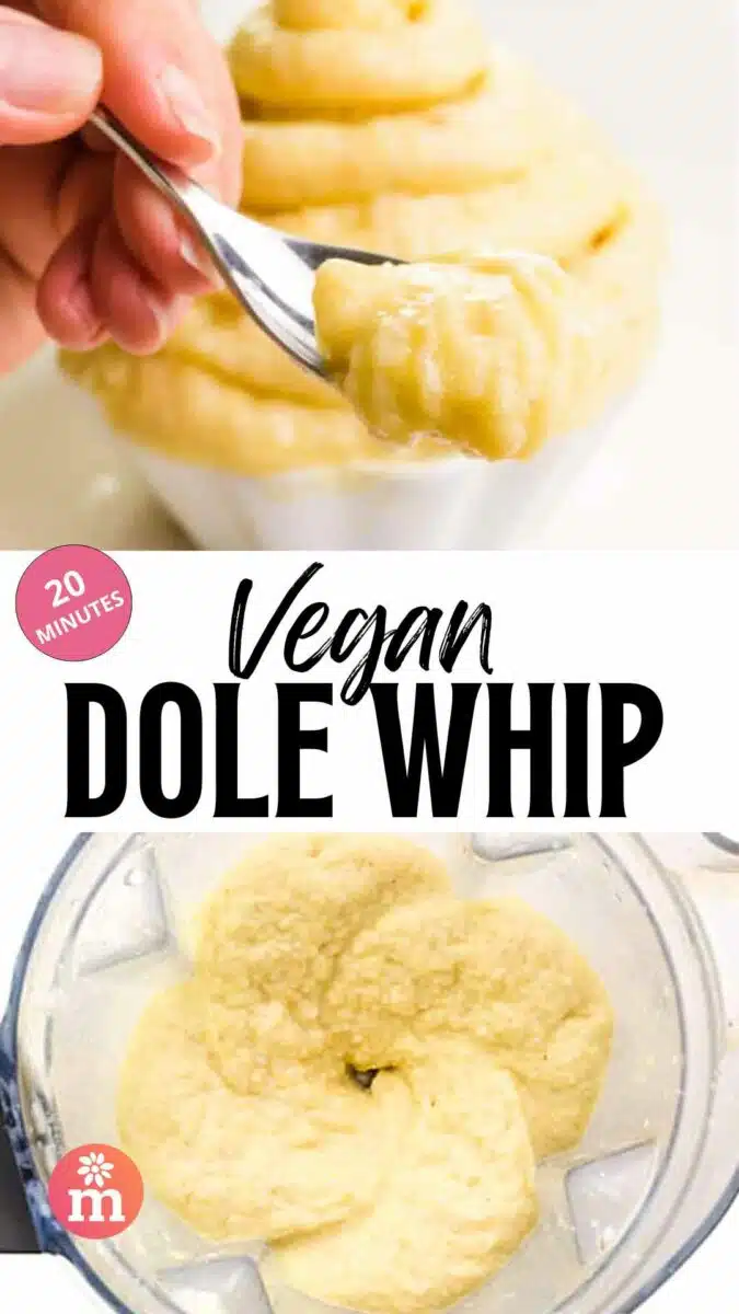 A hand holds a bite of pineapple smoothie in a spoon. The bottom image looks down into a blender with the mixture. The text reads, Vegan Dole Whip.