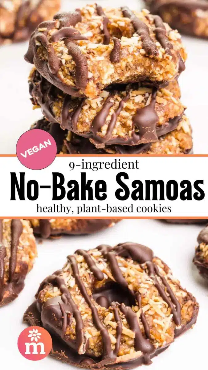 A coconut cookie with a bite taken out is on top with a close-up of a whole cookie on bottom. The text reads, 9-ingredient No-Bake Samoas: healthy, plant-based cookies.