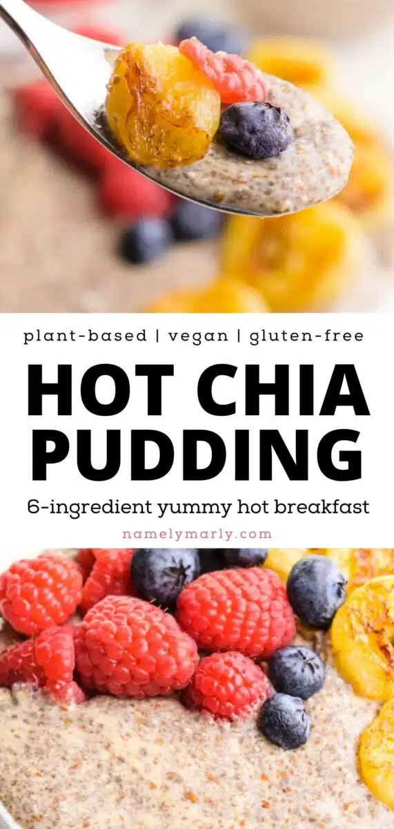 The top image shows a spoonful of chia pudding with fresh berries and a toasted banana slice. The image below shows a bowl of the pudding with fresh fruit on top. The text reads, Plant-based, vegan, gluten-free, Hot Chia Pudding: 6-ingredient yummy hot breakfast.