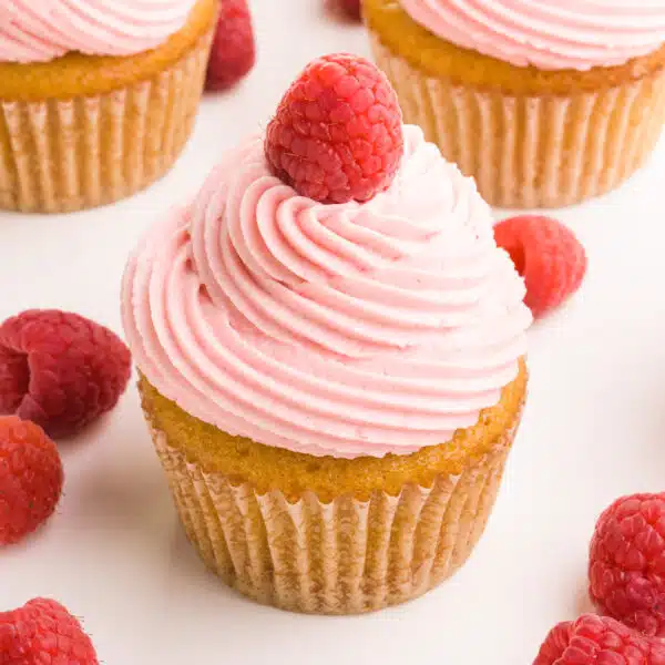 A vanilla cupcake has vegan raspberry frosting on top along with a fresh raspberry. There are fresh raspberries and more cupcakes around it.