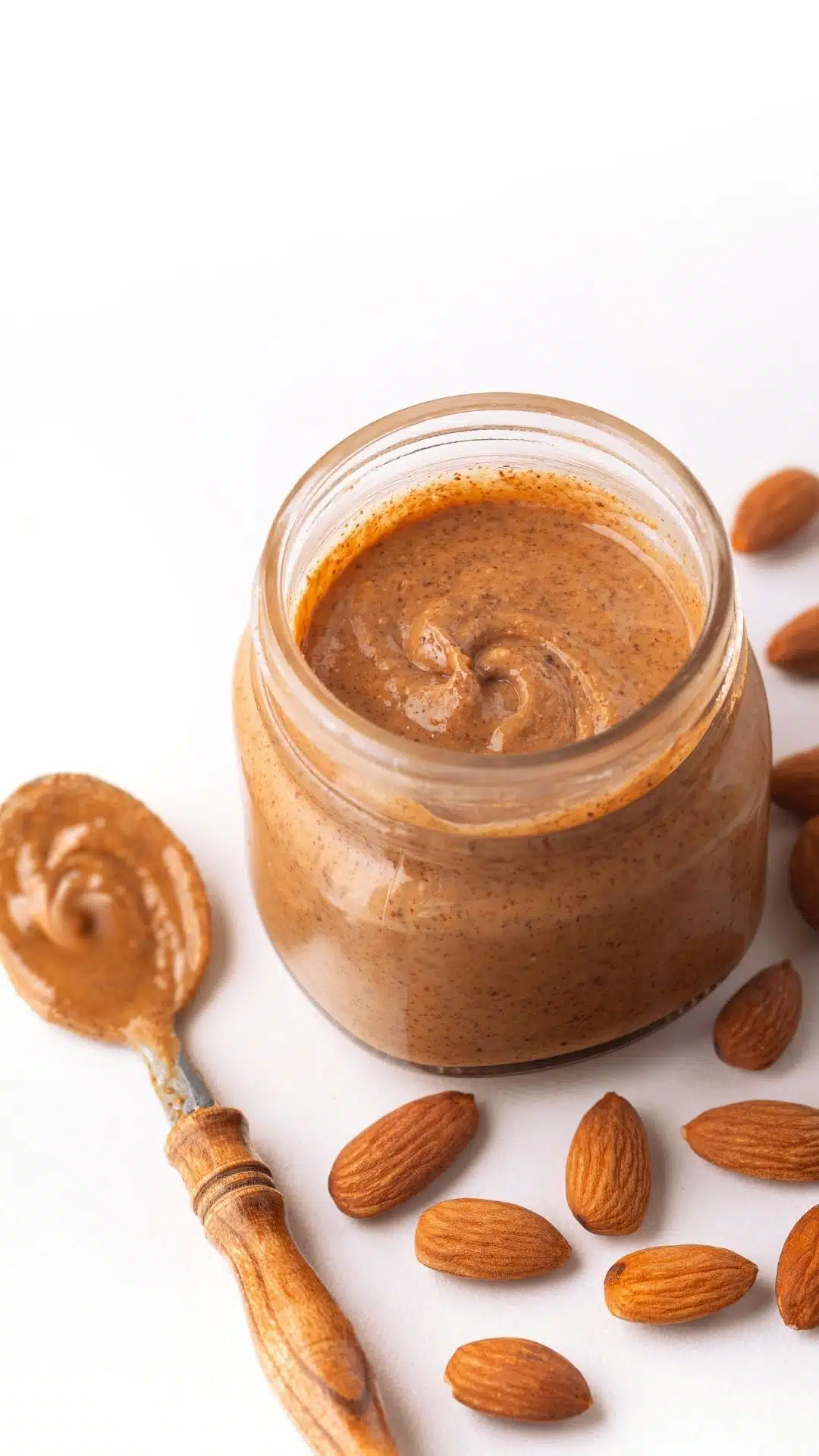 Looking down on a jar of almond butter sitting next to a spoon with almond butter on it. There are fresh almonds around the jar.