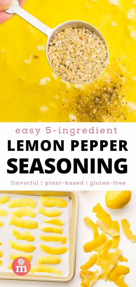 A hand drizzles seasoning into a lemon marinade in the top image. The bottom image shows lemon strips ready to be slow-baked in a pan. The text reads, easy 5-ingredient Lemon Pepper Seasoning, flavorful, plant-based, gluten-free.