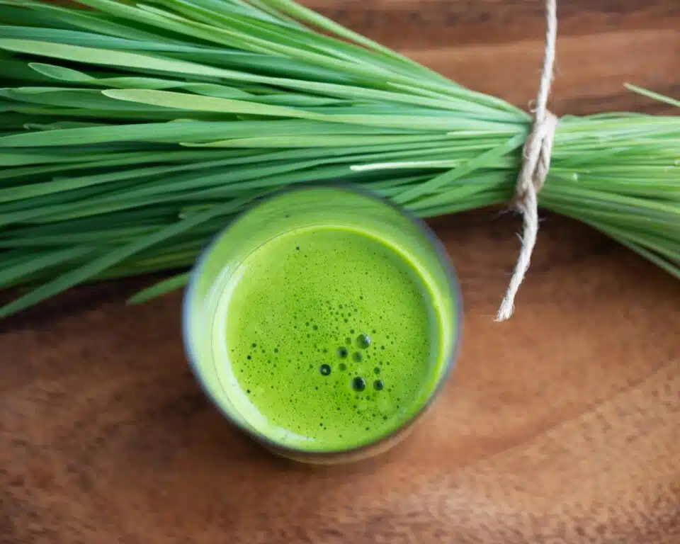 Looking down on a glass of green wheatgrass juice sitting next to a bunch of wheatgrass tied together with a string.