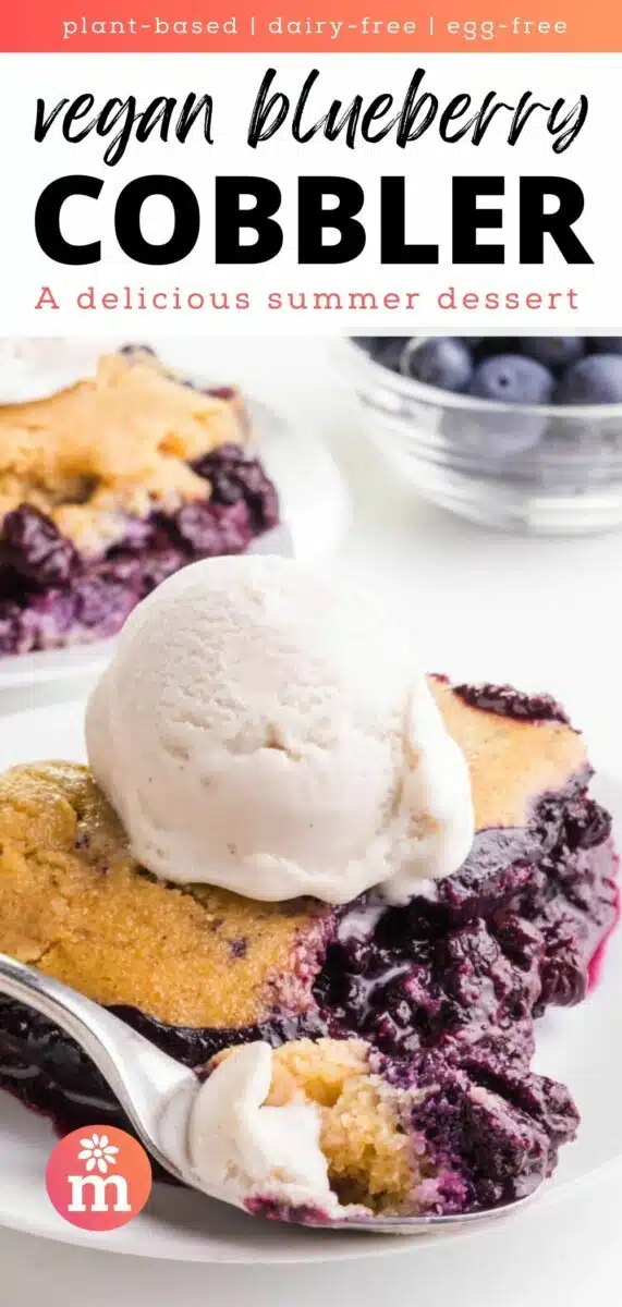 A slice of cobbler has ice cream on top and a forkful sitting in front of it. The text reads, plant-based, dairy-free, egg-free, vegan blueberry cobbler, A delicious summer dessert.