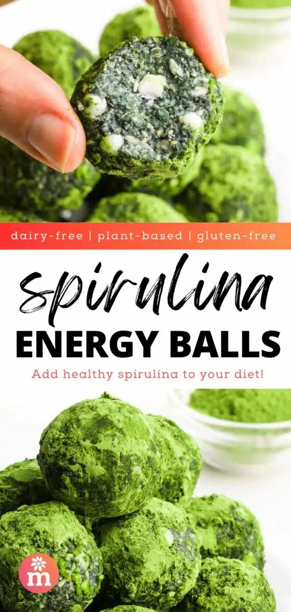 A hand holds a green energy bite on top and a stack of green energy balls are on the bottom. The text reads, dairy-free, plant-baed, gluten-free Spirulina Energy Balls, Add healthy spirulina to your diet!